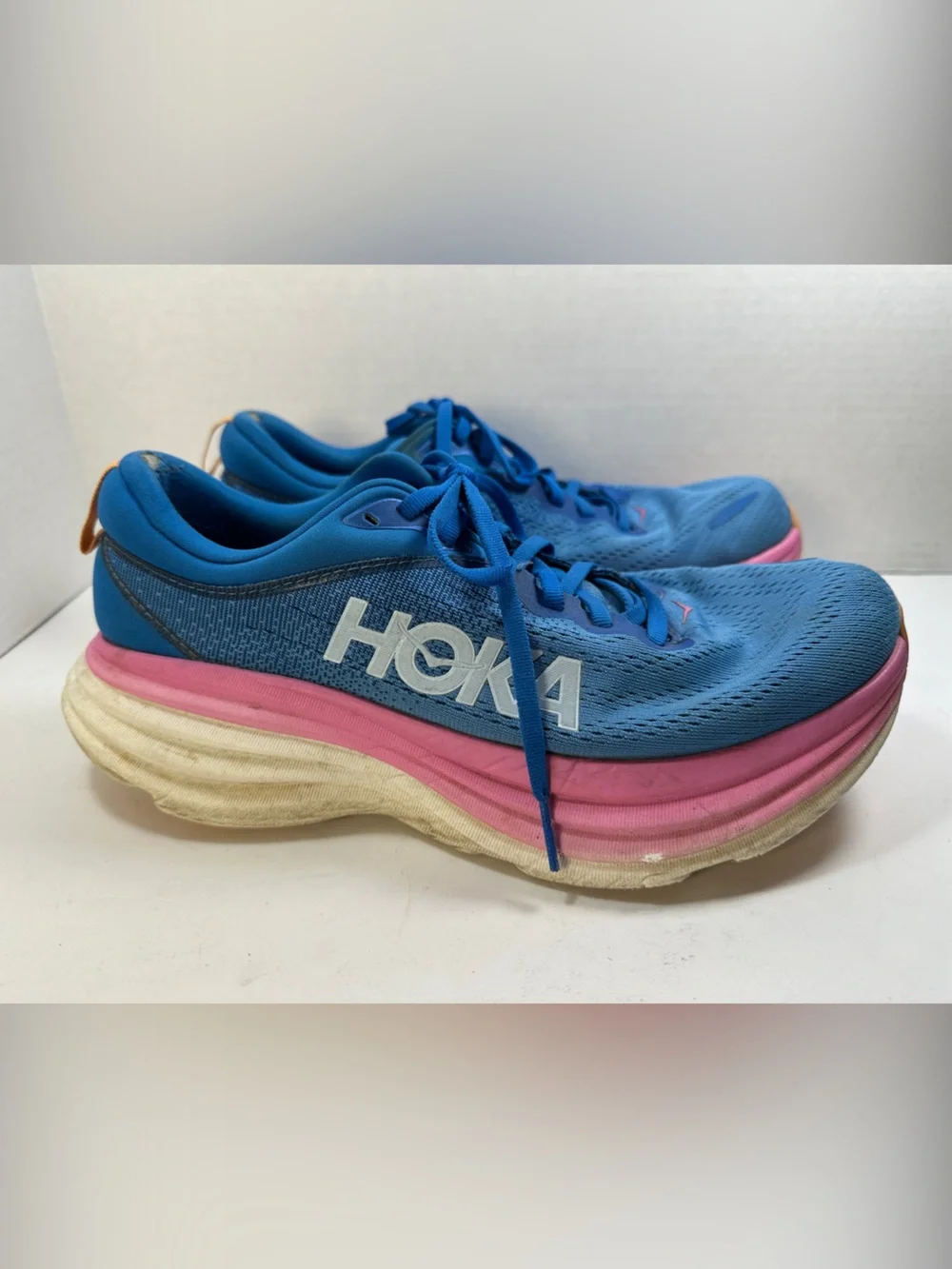 Hoka Bondi 8 Women's Blue Running Shoes Size 9 Pink Cream Midsole